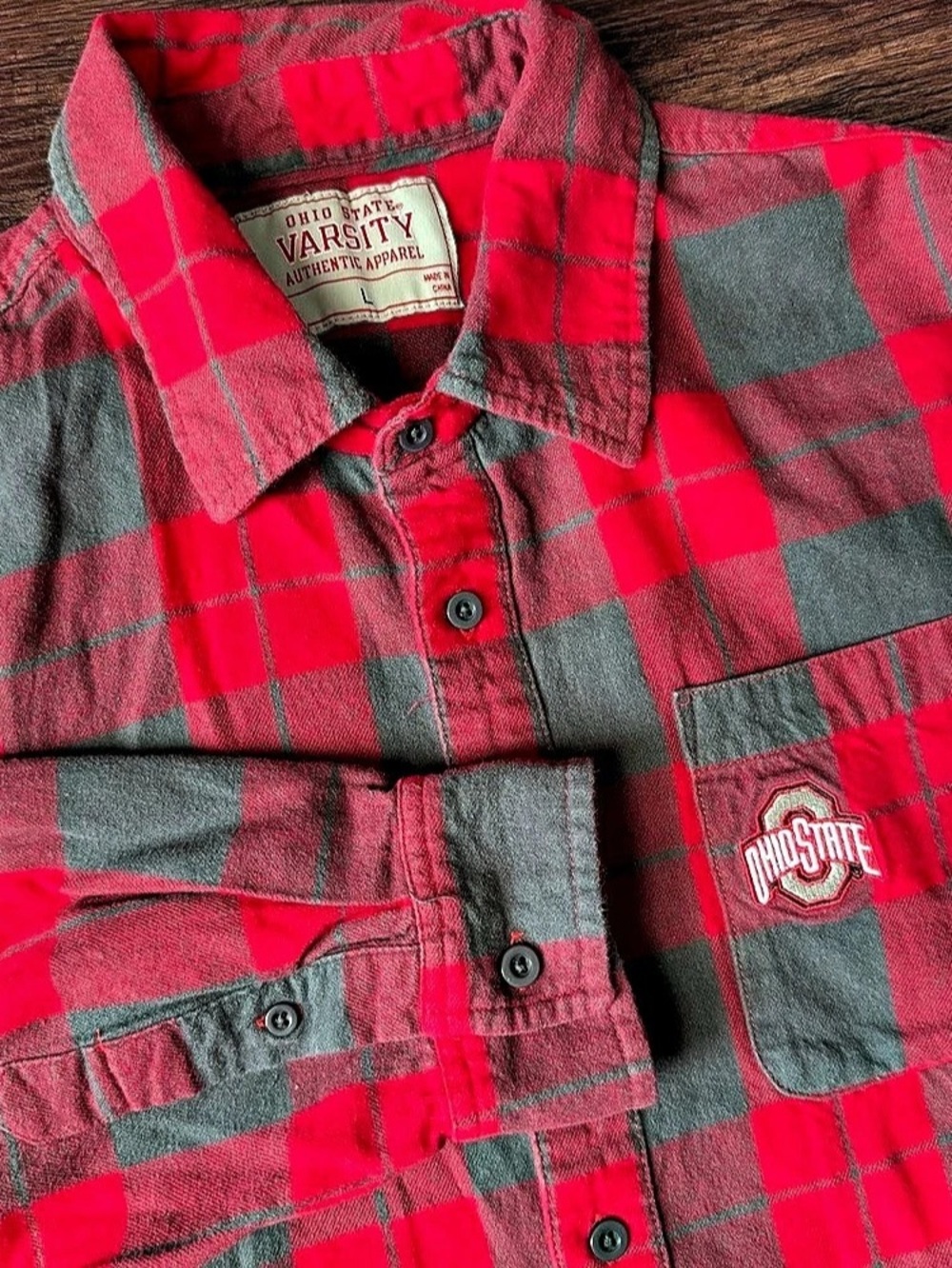 Ohio State Buckeyes Flannel Shirt Mens Large Red Plaid Button Up GameDay NCAA